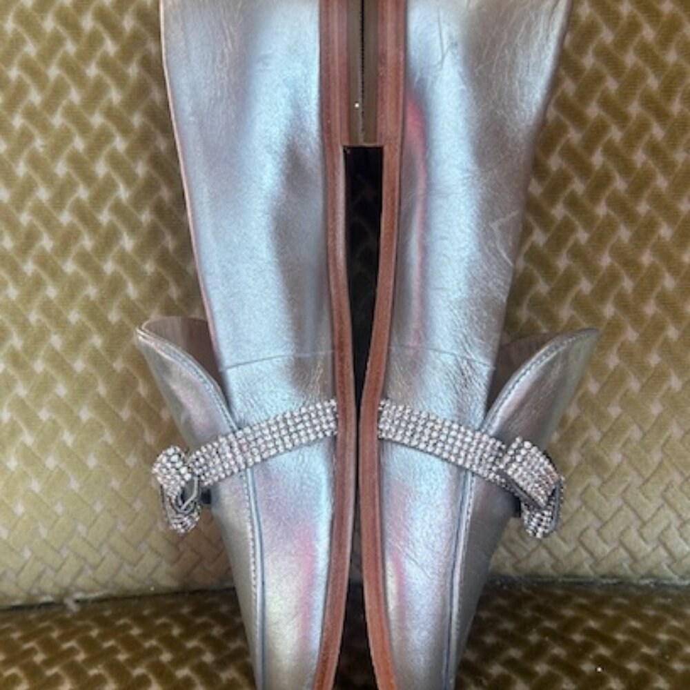 Anthropologie x Guilhermina Crystal Bow Metallic Silver Leather Loafers Flats 9 - Picture 8 of 16